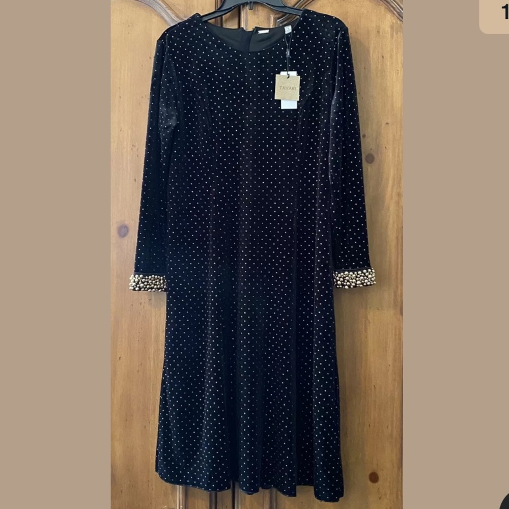 TAHARI Black Velvet Gold Bead Stretch Knit Dress